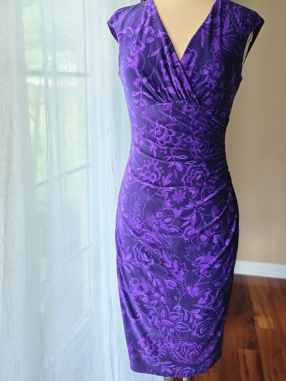 Lauren Ralph Lauren Purple Floral Faux Wrap Ruched Sheath Dress Size 2 Stretch